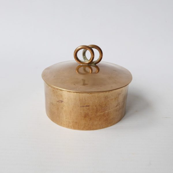 Handmade copper lidded pot box, round vintage metalwork container. Ornament