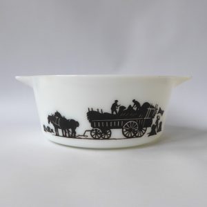 JAJ Pyrex Harvest Silhouette haymaker round glass casserole dish 554, 1967 bowl
