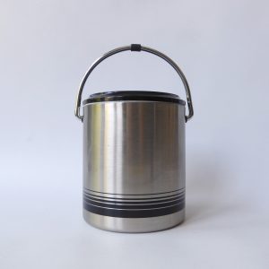 Japan vintage retro 1970s/1980s, black stripe steel Ice Bucket + tongs. Joy Pail