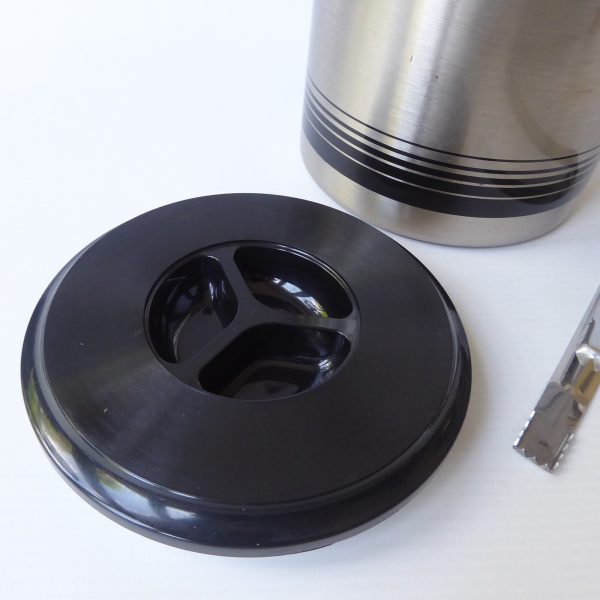 Japan vintage retro 1970s/1980s, black stripe steel Ice Bucket + tongs. Joy Pail - Image 9