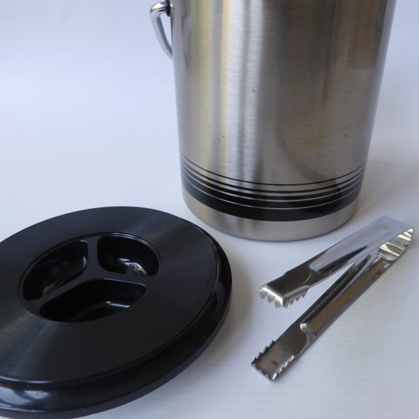 Japan vintage retro 1970s/1980s, black stripe steel Ice Bucket + tongs. Joy Pail - Image 10