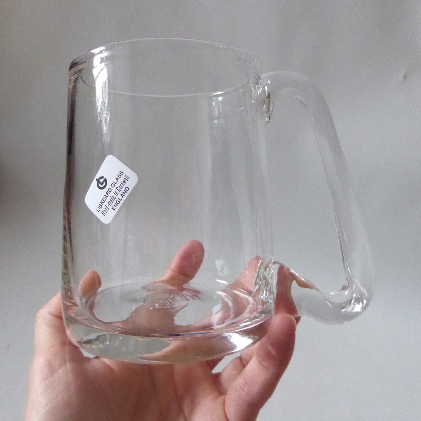 Liskeard Glass handmade ale beer tankard pint glass, vintage clear drinking mug