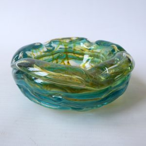 Mdina Malta vintage random strapped trailed textured glass bowl, crizzle ashtray