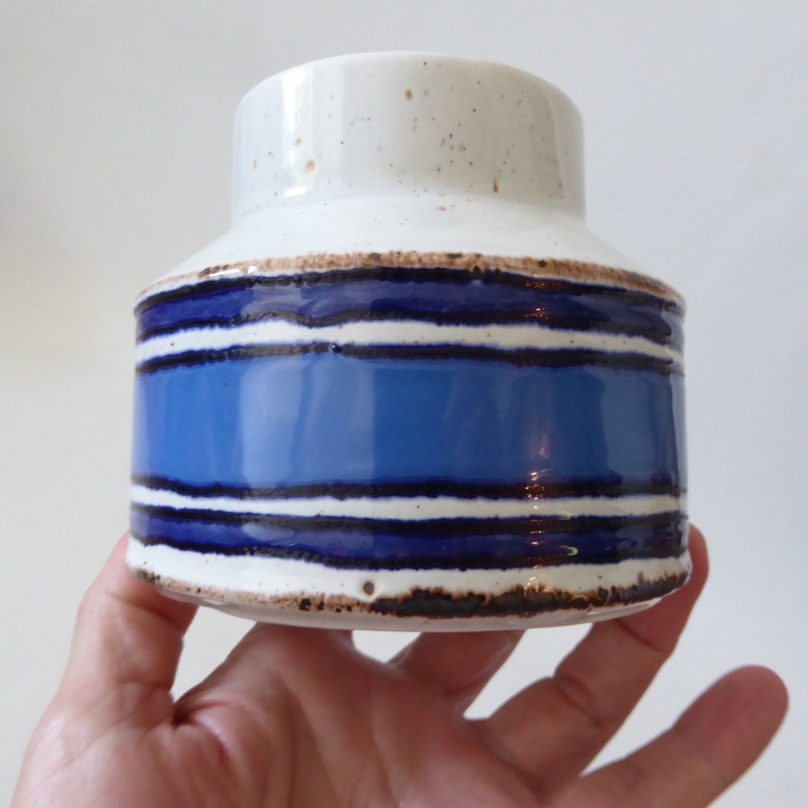 Midwinter Stonehenge Moon open sugar bowl pot, blue striped Creation 1970s retro