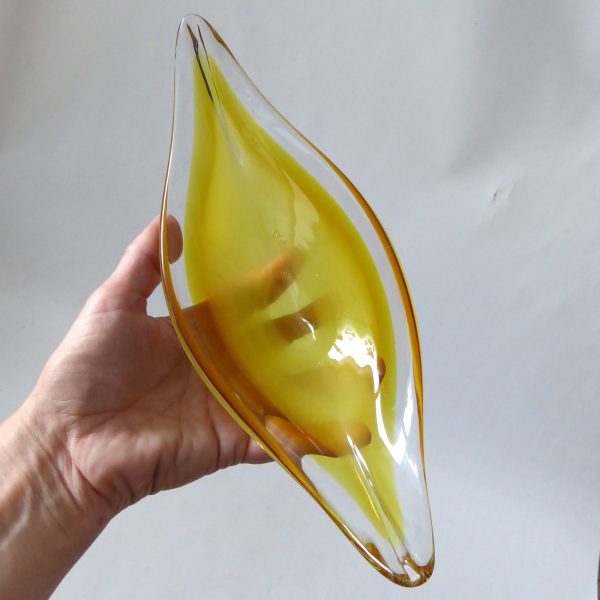 Murano vintage art glass scoop bowl, yellow & opaline dish. Retro 1970s 10" long - Image 11