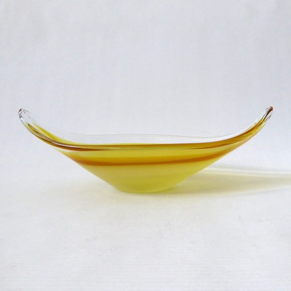 Murano vintage art glass scoop bowl, yellow & opaline dish. Retro 1970s 10" long - Image 3