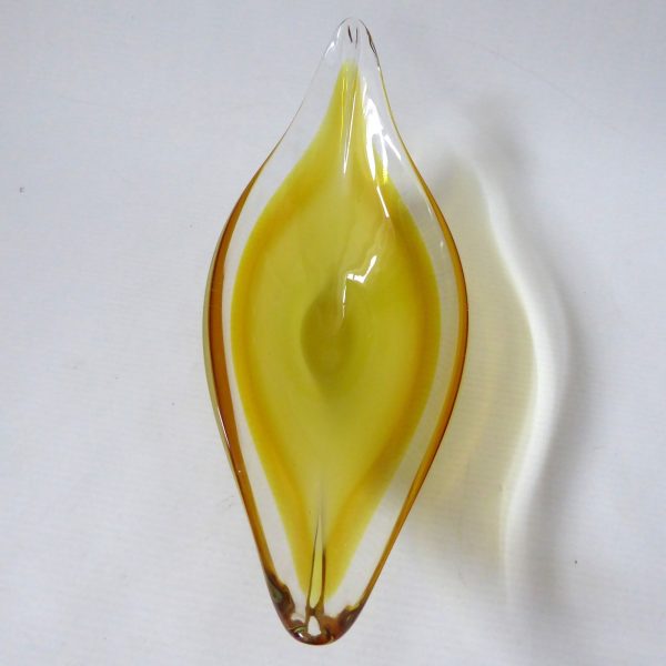 Murano vintage art glass scoop bowl, yellow & opaline dish. Retro 1970s 10" long - Image 4