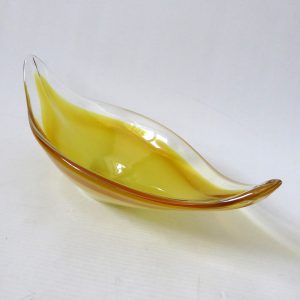 Murano vintage art glass scoop bowl, yellow & opaline dish. Retro 1970s 10" long