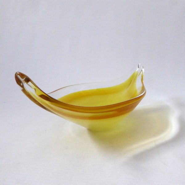 Murano vintage art glass scoop bowl, yellow & opaline dish. Retro 1970s 10" long - Image 5