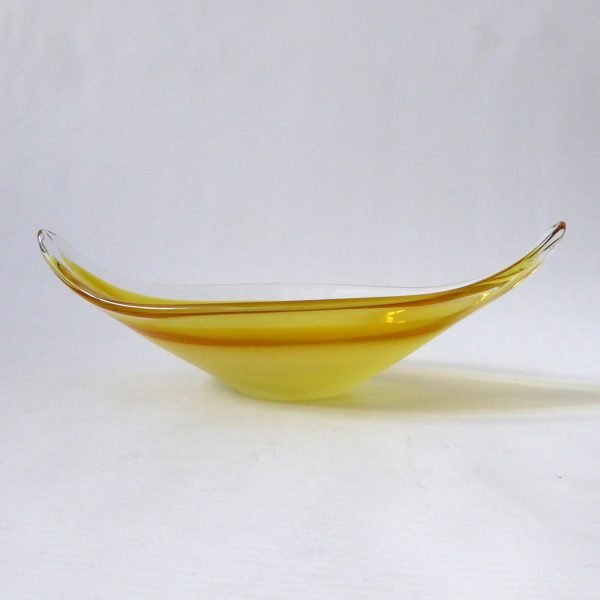 Murano vintage art glass scoop bowl, yellow & opaline dish. Retro 1970s 10" long - Image 6