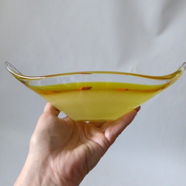 Murano vintage art glass scoop bowl, yellow & opaline dish. Retro 1970s 10" long - Image 10