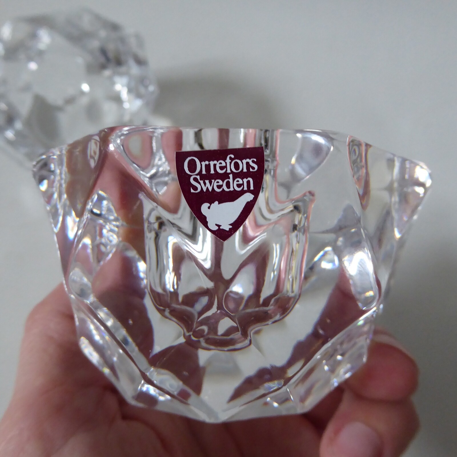 Orrefors pair crystal cut faceted art glass taper dinner candle holders, Swedish - Image 11