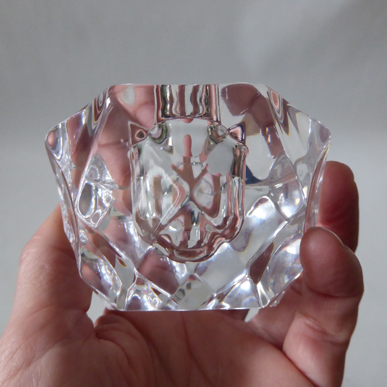 Orrefors pair crystal cut faceted art glass taper dinner candle holders, Swedish - Image 14