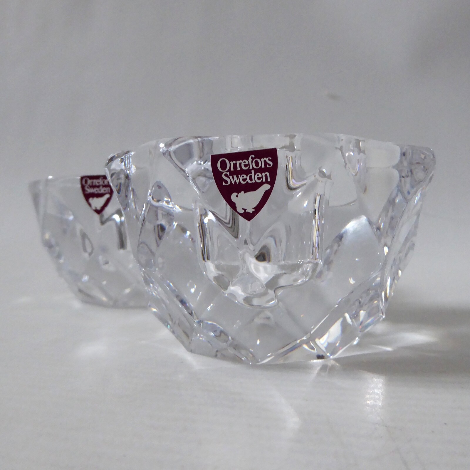 Orrefors pair crystal cut faceted art glass taper dinner candle holders, Swedish - Image 3