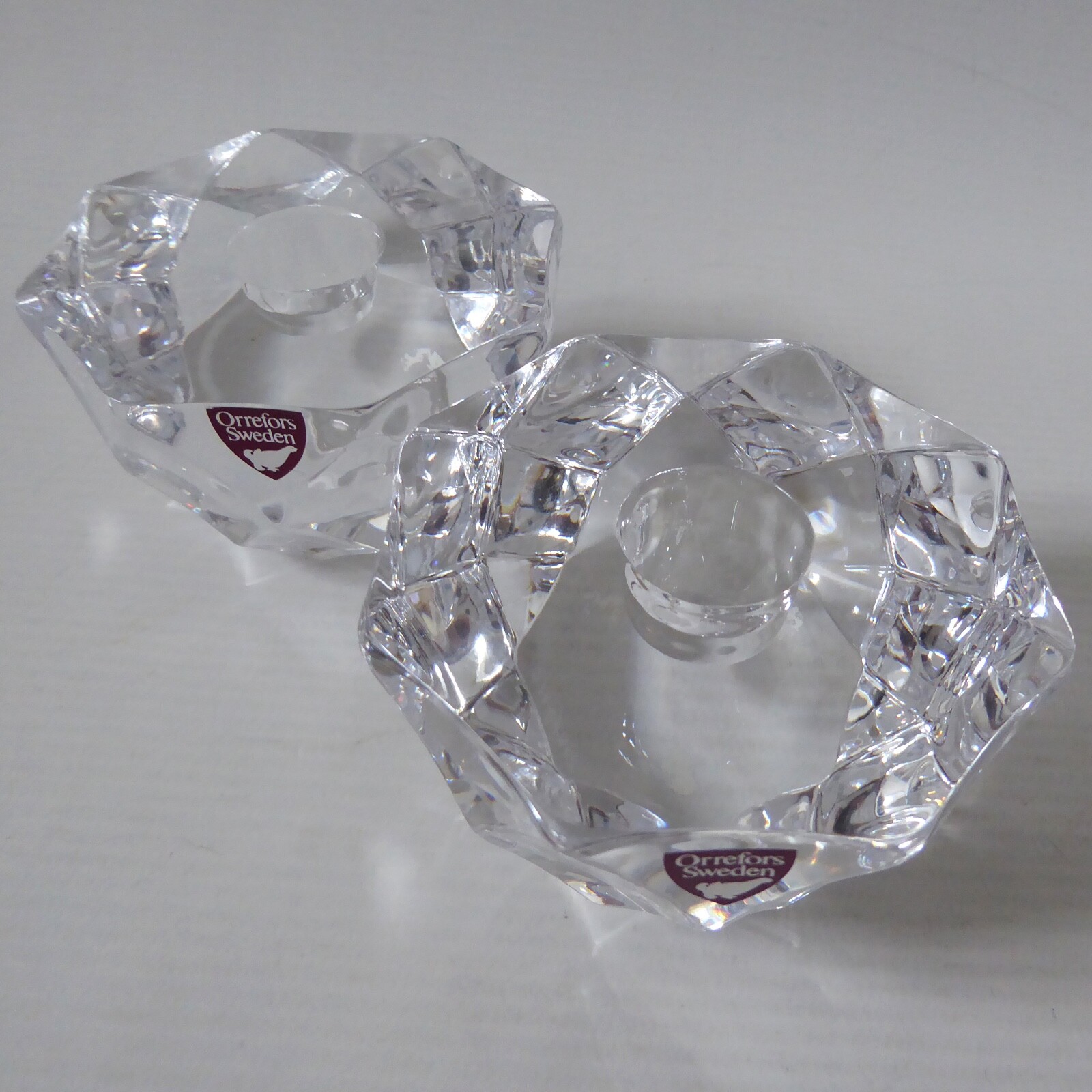 Orrefors pair crystal cut faceted art glass taper dinner candle holders, Swedish - Image 4