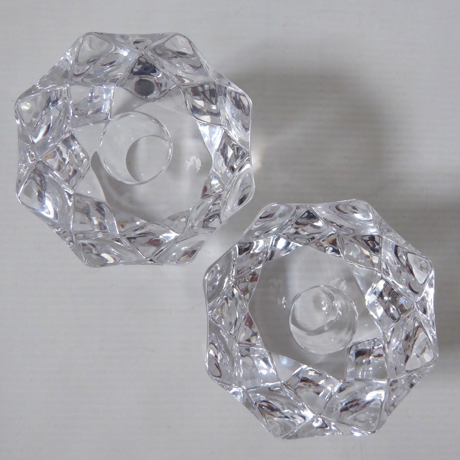 Orrefors pair crystal cut faceted art glass taper dinner candle holders, Swedish - Image 5