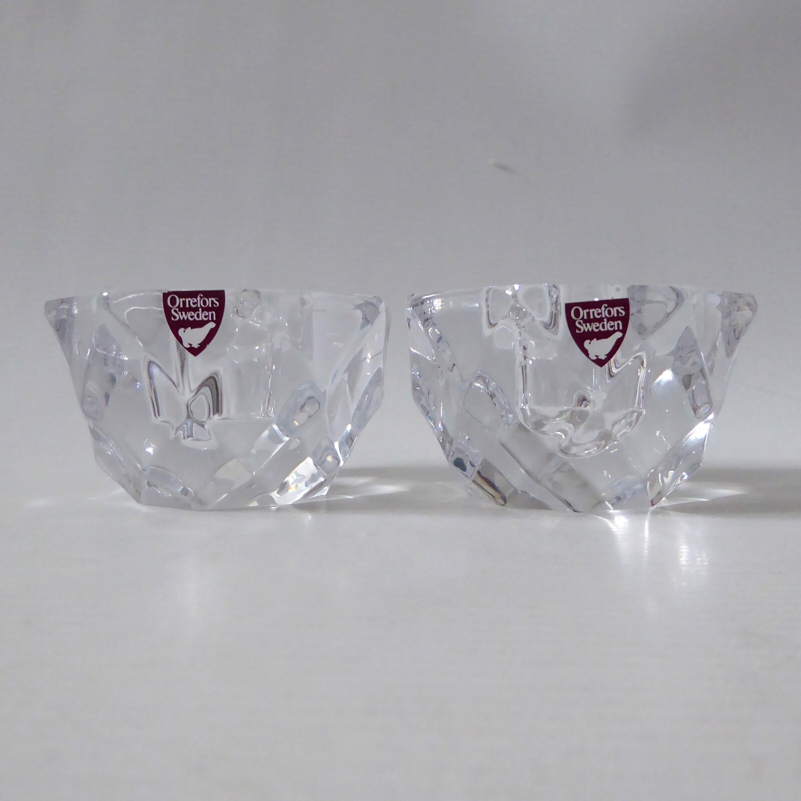 Orrefors pair crystal cut faceted art glass taper dinner candle holders, Swedish - Image 6