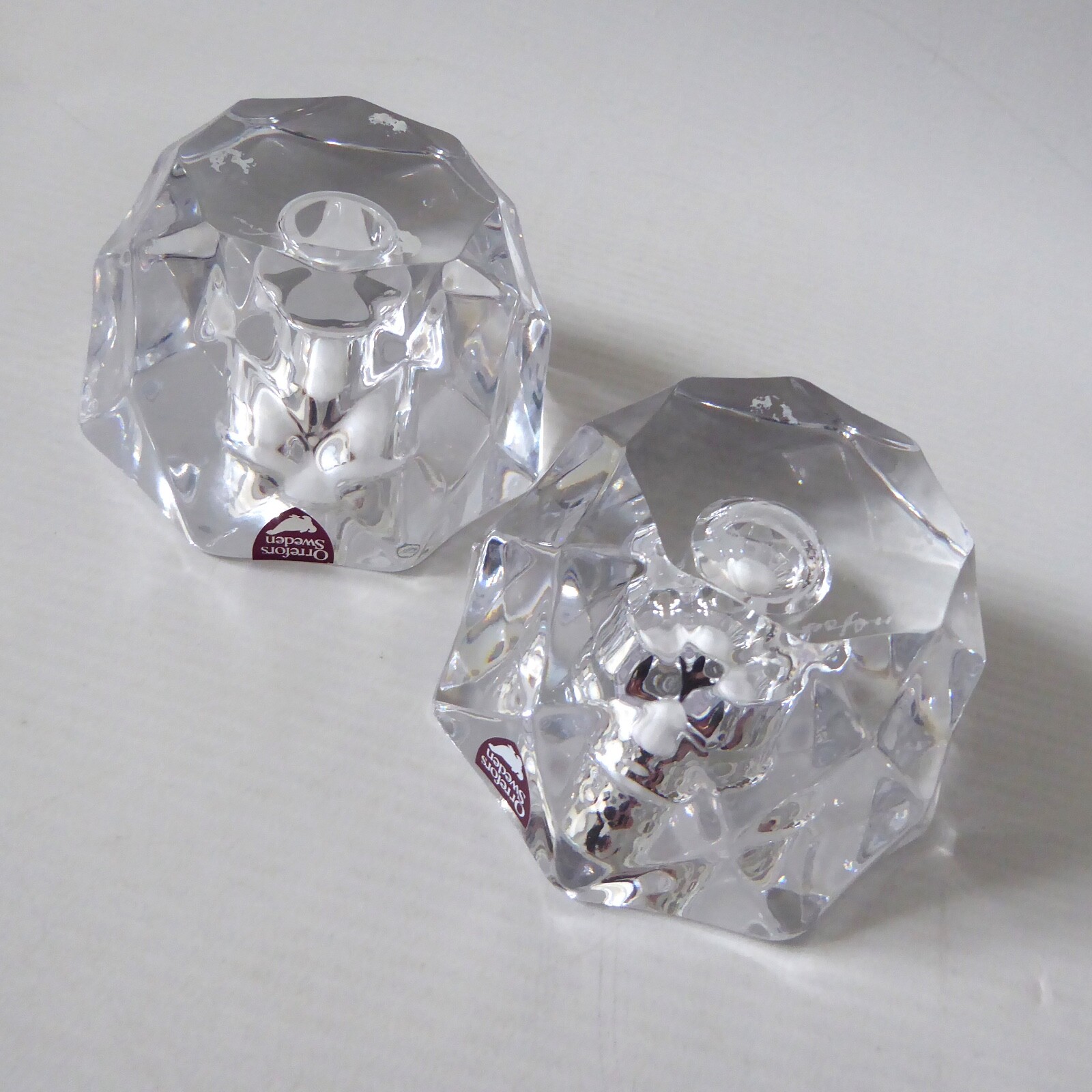 Orrefors pair crystal cut faceted art glass taper dinner candle holders, Swedish - Image 8