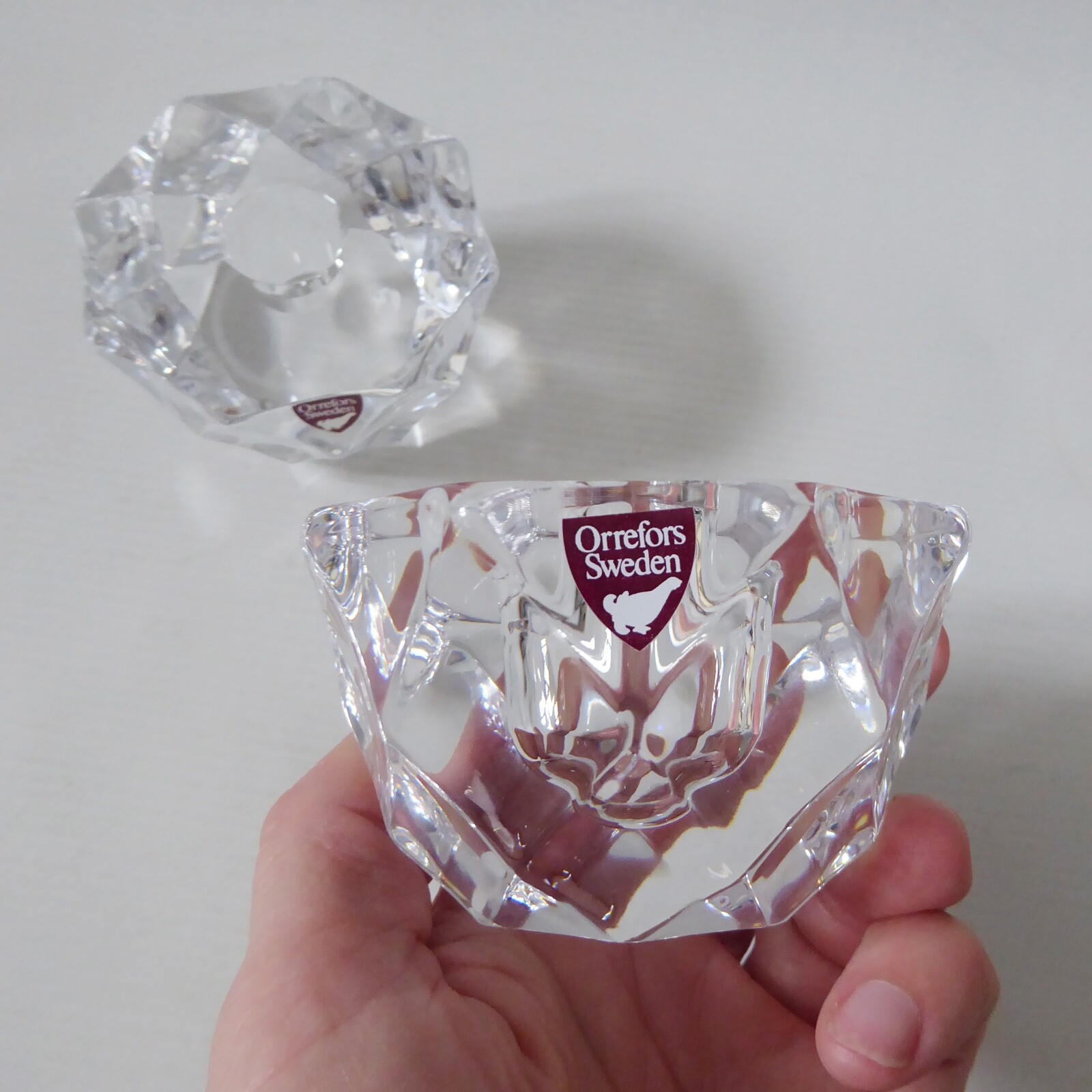 Orrefors pair crystal cut faceted art glass taper dinner candle holders, Swedish - Image 10