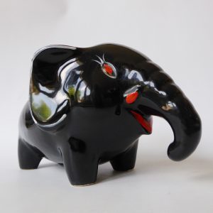 Retro 1950s/60s stylised black elephant money box, large stylised glazed ceramic