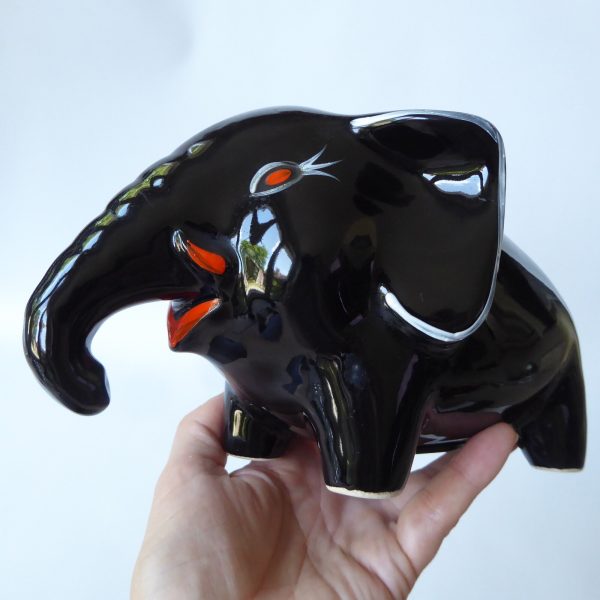 Retro 1950s/60s stylised black elephant money box, large stylised glazed ceramic - Image 5