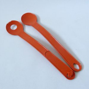 Retro Tupperware deep orange salad servers, 1970s vintage plastic spoon & fork