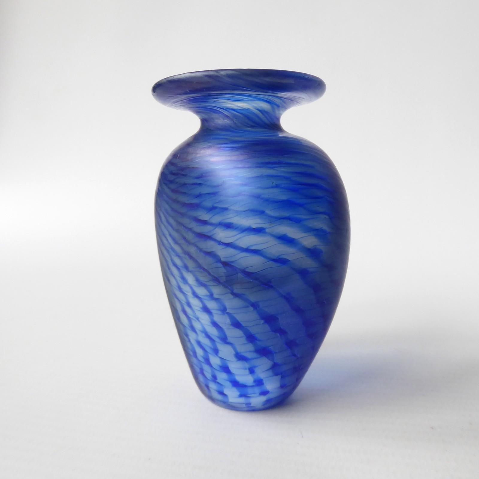 Robert Held (RHAG) art glass bottle, blue frosted twist stripe vase pot. Canada - Image 4