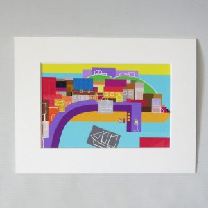 STAN ROSENTHAL original mounted art print. Colourful harbour sea town pier scene
