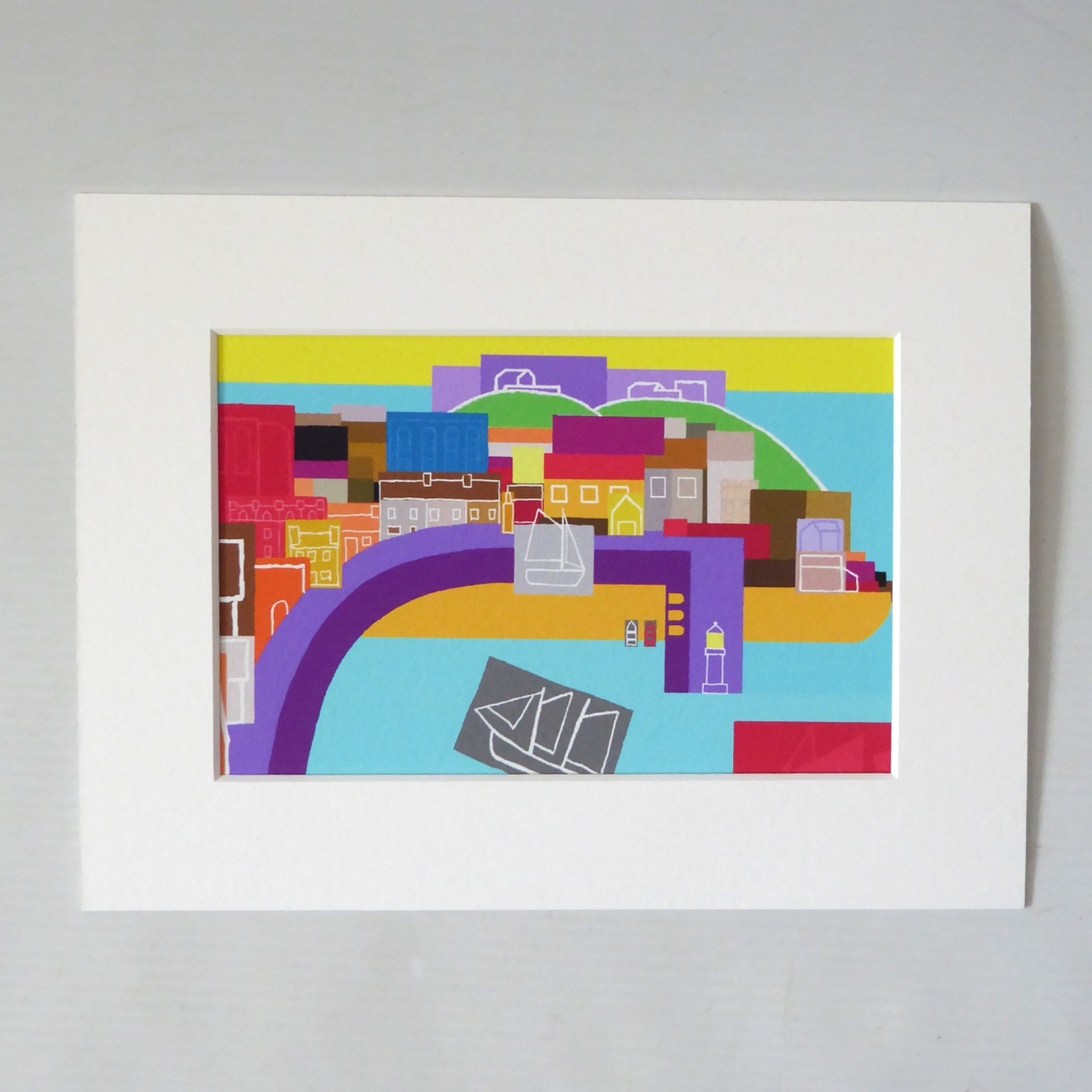 STAN ROSENTHAL original mounted art print. Colourful harbour sea town pier scene