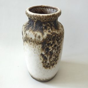 Scheurich fat lava West German pottery vase, cream & brown pot. Pitted volcano