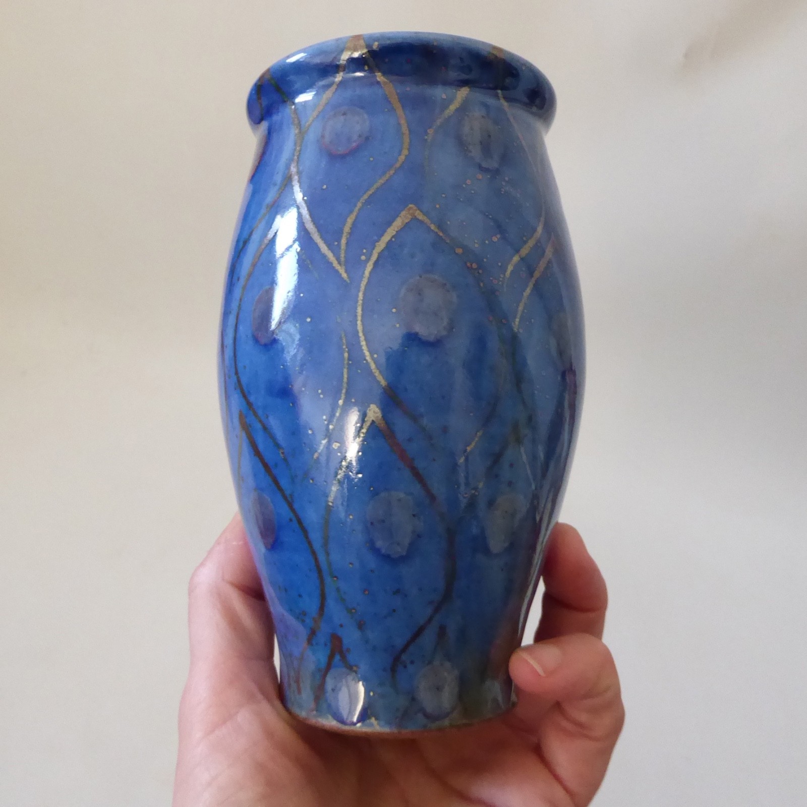 Selborne Pottery Robert Goldsmith blue & gold peacock studio art vase, vintage - Image 3