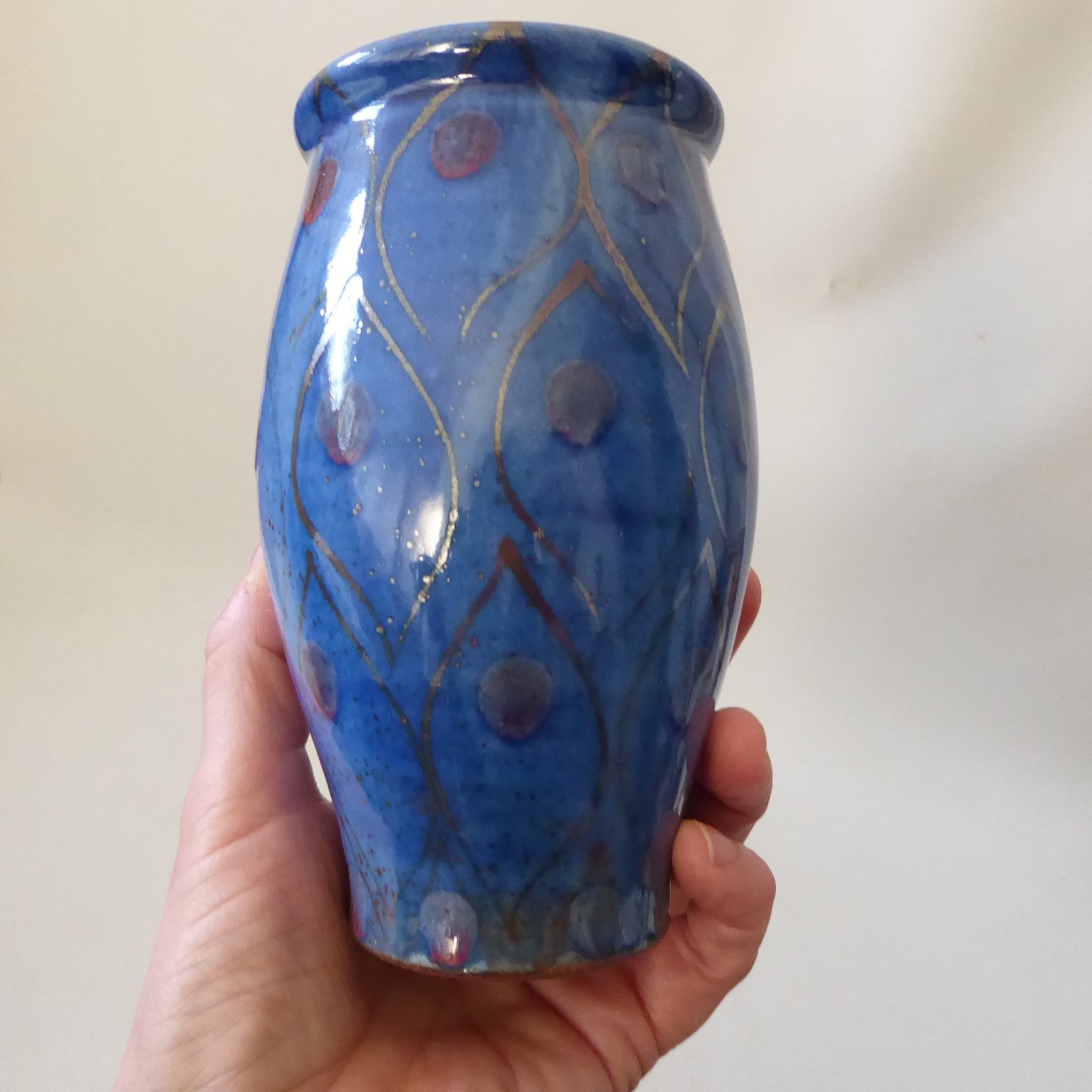 Selborne Pottery Robert Goldsmith blue & gold peacock studio art vase, vintage - Image 4
