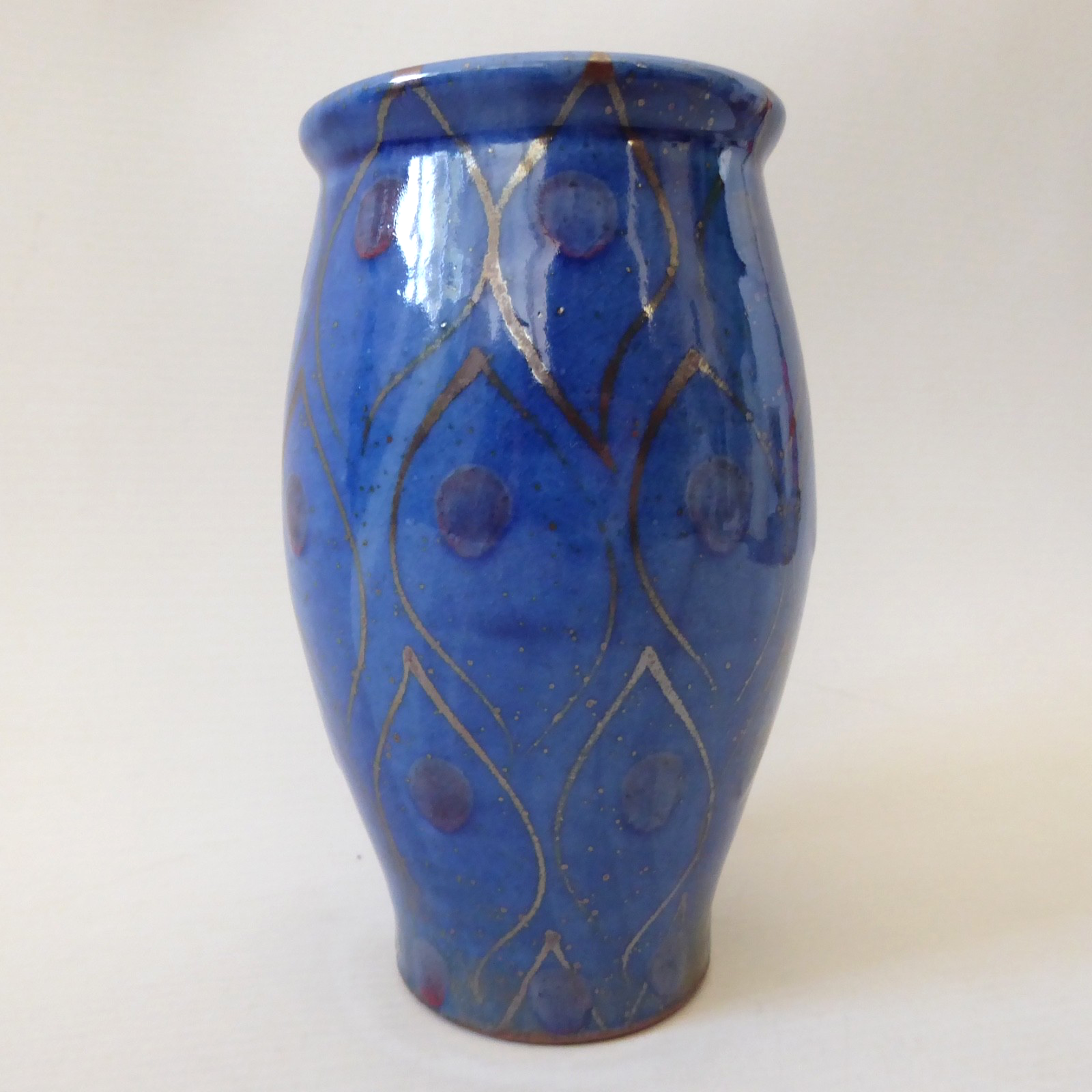Selborne Pottery Robert Goldsmith blue & gold peacock studio art vase, vintage