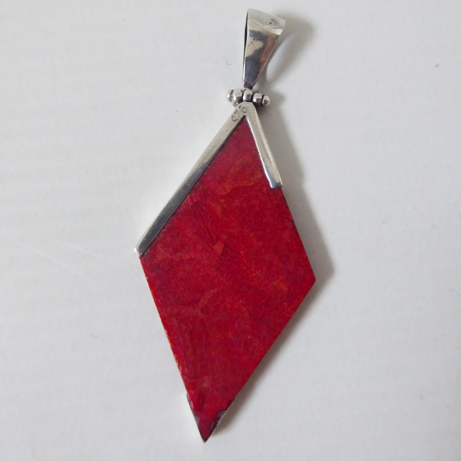 Sterling 925 silver diamond shaped pendant & red flat plastic stone. Modernist - Image 8