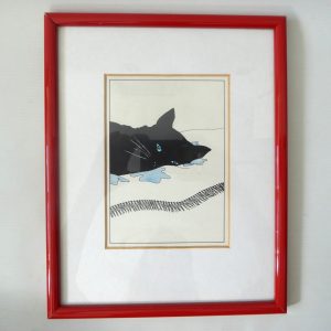Sue Boettcher black cat sleeping on blanket, red framed art picture, vintage 80s