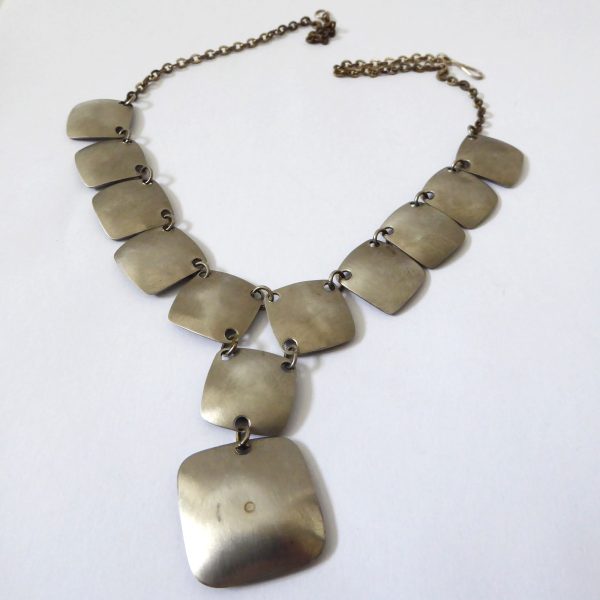 Vintage 1970s stainless steel & blue abalone shell modernist panel link necklace - Image 11