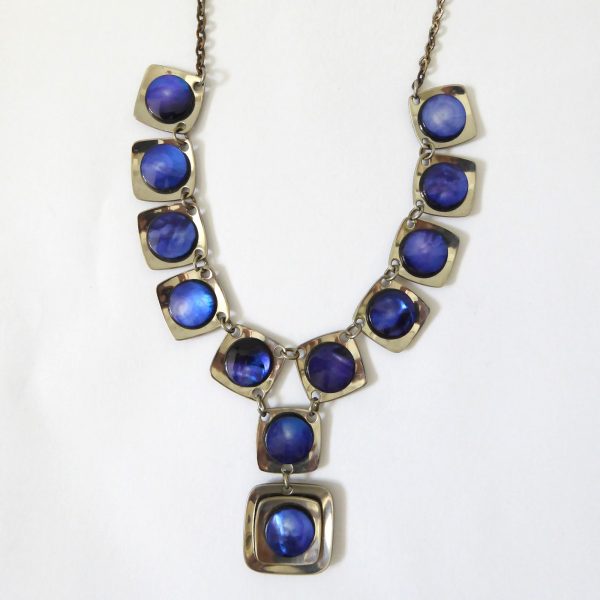 Vintage 1970s stainless steel & blue abalone shell modernist panel link necklace - Image 3