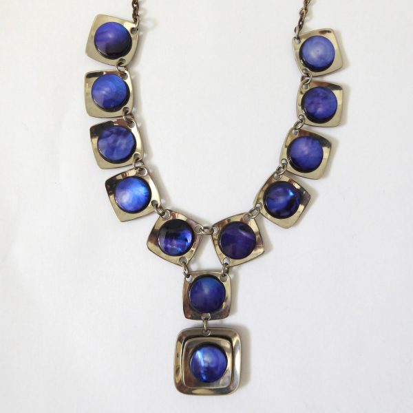 Vintage 1970s stainless steel & blue abalone shell modernist panel link necklace - Image 4