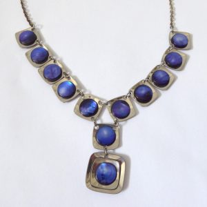 Vintage 1970s stainless steel & blue abalone shell modernist panel link necklace