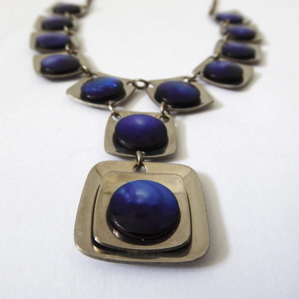 Vintage 1970s stainless steel & blue abalone shell modernist panel link necklace - Image 5