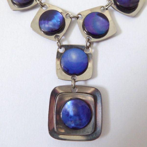 Vintage 1970s stainless steel & blue abalone shell modernist panel link necklace - Image 6