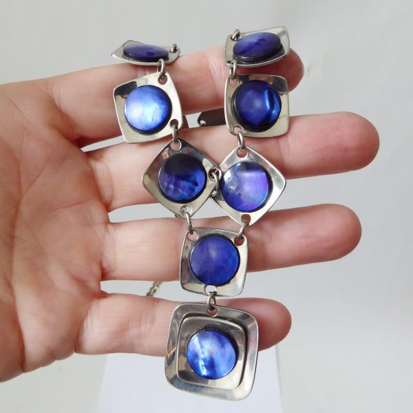 Vintage 1970s stainless steel & blue abalone shell modernist panel link necklace - Image 7