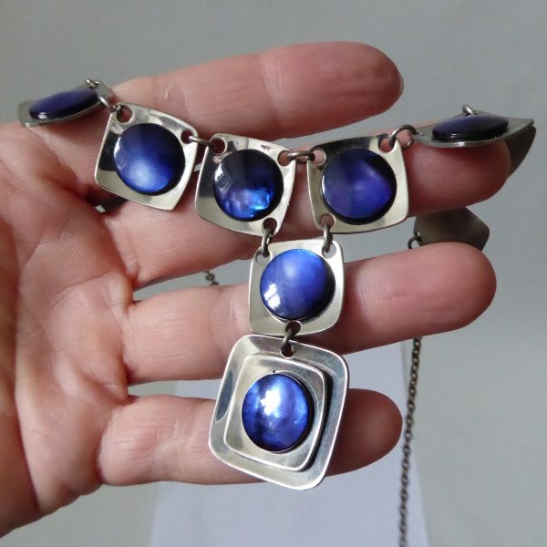 Vintage 1970s stainless steel & blue abalone shell modernist panel link necklace - Image 8