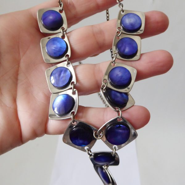 Vintage 1970s stainless steel & blue abalone shell modernist panel link necklace - Image 9