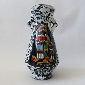 Vintage Italian San Marino pottery art vase, fat lava. MCM ceramic, black red