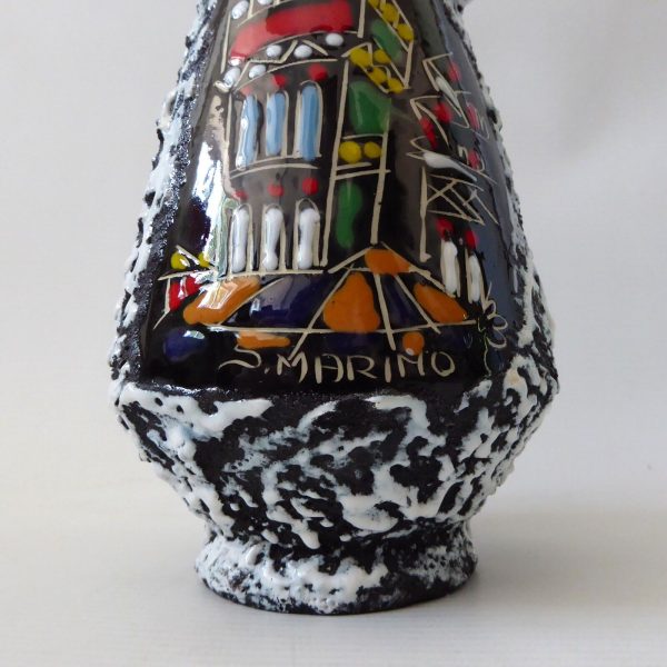 Vintage Italian San Marino pottery art vase, fat lava. MCM ceramic, black red - Image 8