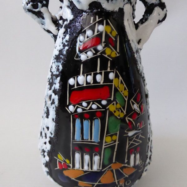 Vintage Italian San Marino pottery art vase, fat lava. MCM ceramic, black red - Image 9