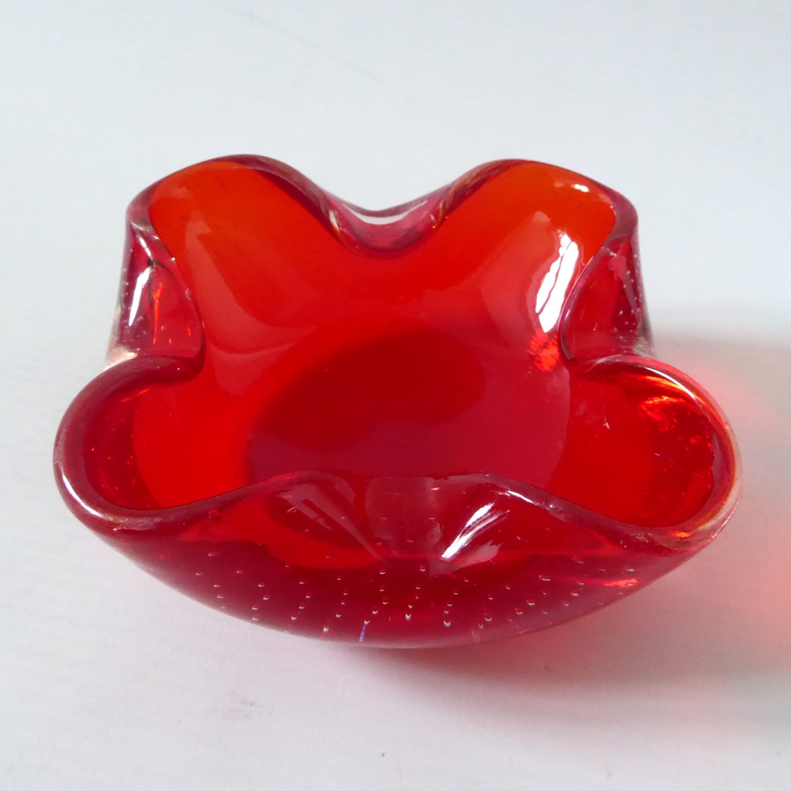 Vintage Murano art glass bowl. Red cased dish ashtray. Fine controlled bubbles