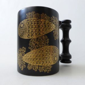 Vintage Portmeirion Pottery mug cup, Pisces fish black & gold, John Cuffley