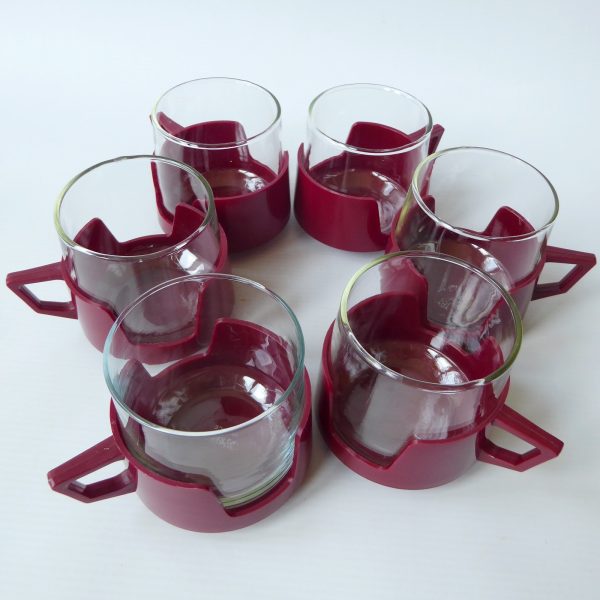 Vintage Pyrex DrinkUps glass & burgundy cups mugs. Set 6 retro drink ups - Image 3